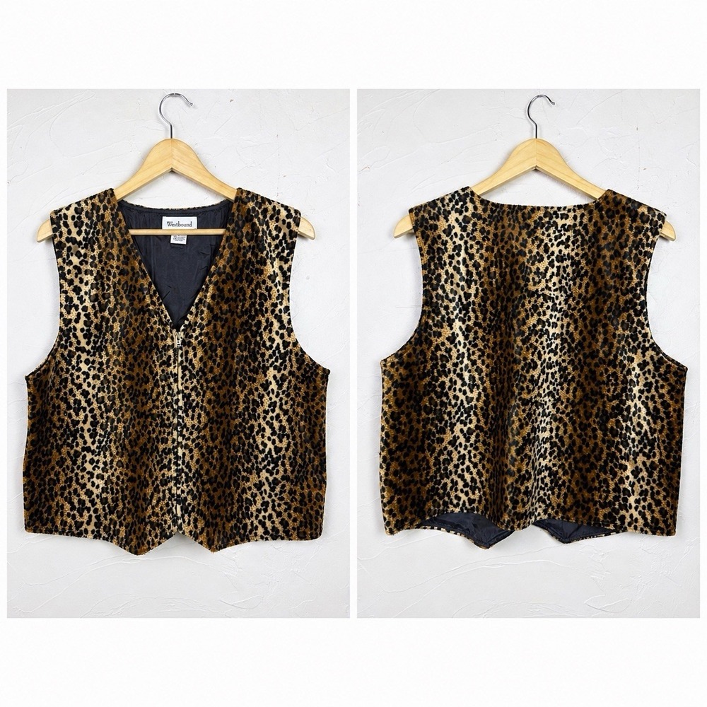 Faux Fur Vest Leopard Animal Print w/Pockets -Zip Front-Woman's Large